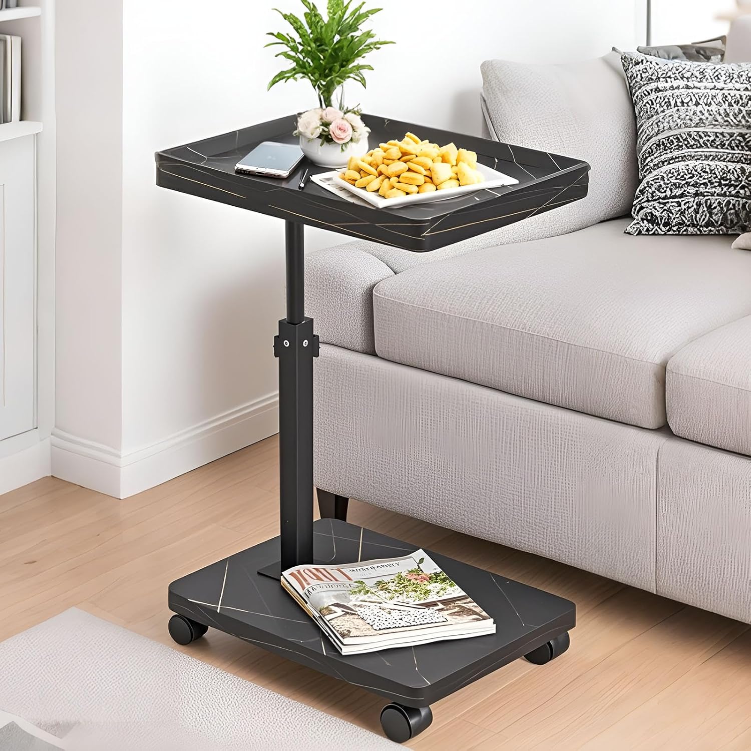 C Table End Table Adjustable Height,C Shaped End for Couch，Snack Tables,360°Swivel TV Tray Sofa Table,Tables That Slide Under,Coffee SideTable for Bed,Chair,Bath-tub (Black Color)