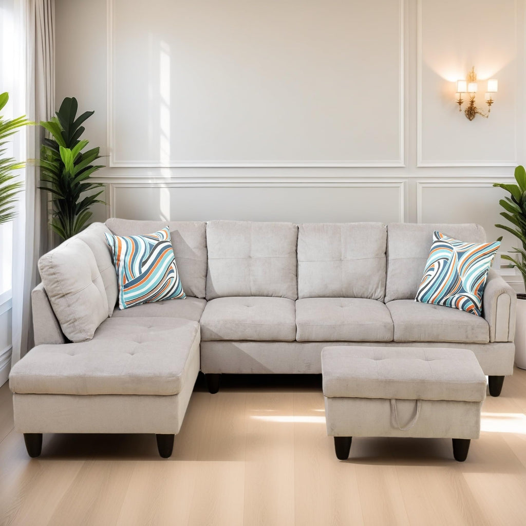 Leather Sectional Couch, Modern L Shaped Couches for Living Room, Comfy 4 Seat Modular Sectional Sofa with Ottoman Storage for Bedroom Apartment, Black