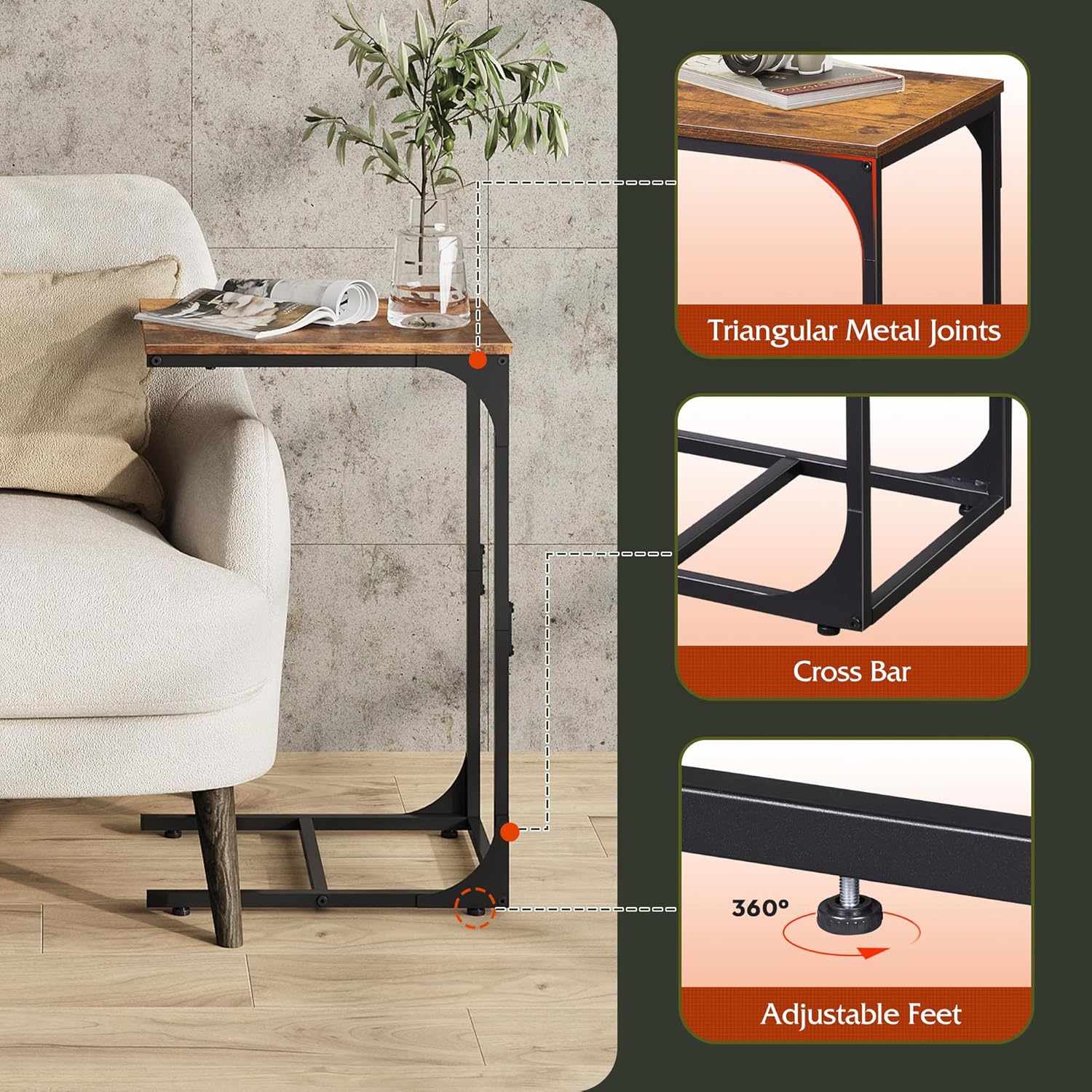 WLIVE C Shaped End Table, Small Couch Side Tables with Metal Frame That Slide Under, Sofa Table TV Tray for Living Room, Bedroom, Rustic Brown