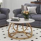 OIOG Round Coffee Table for Living Room, Modern Coffee Table with Marbling Natural Stone, Gold & White