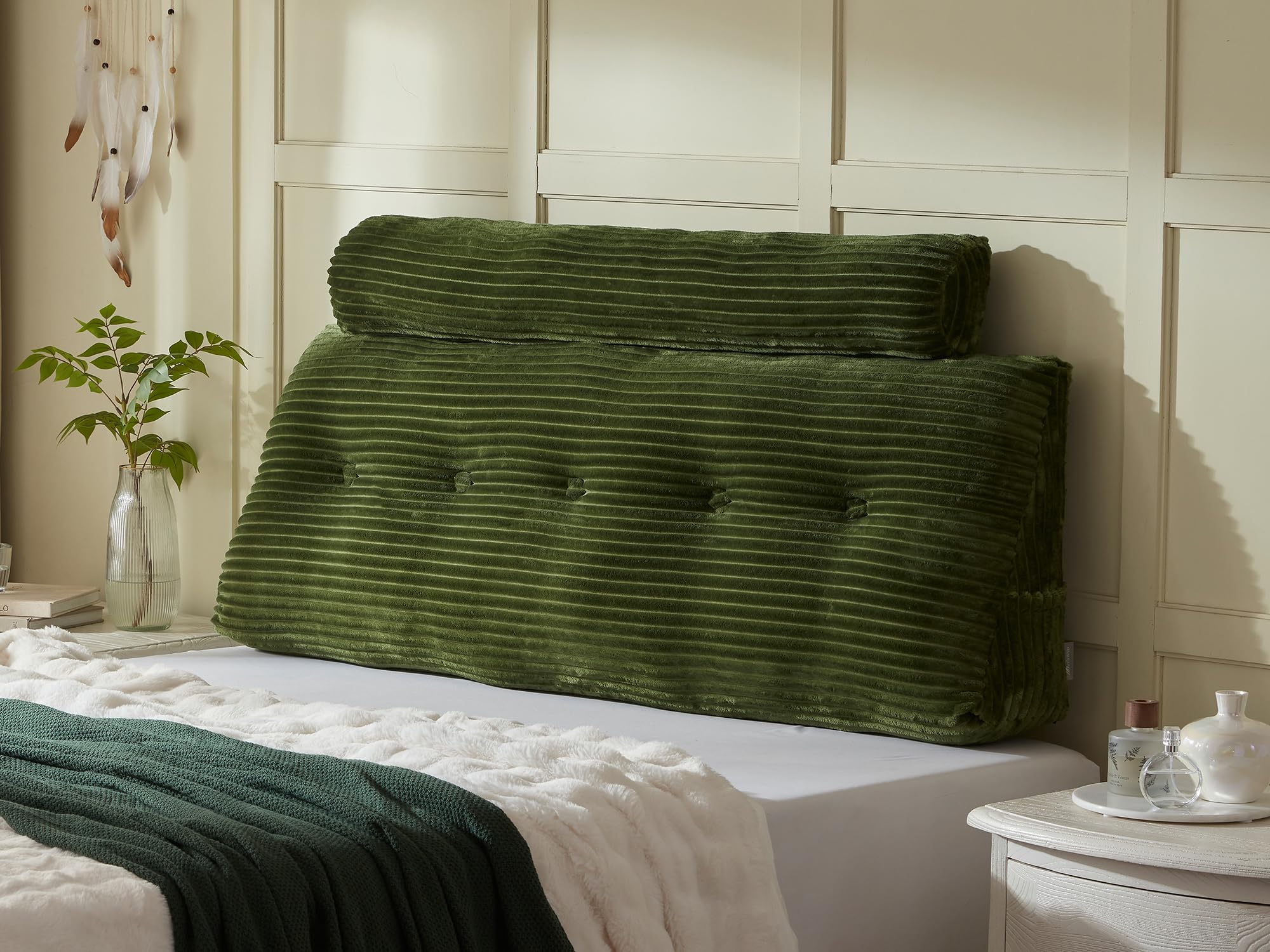 AmyWtb Headboard Wedge Pillow + A Long Neck Roll Pillow Body Pillow，Large Headboard Pillow with Removable Cover (Green, Queen：59x8x20 inches)