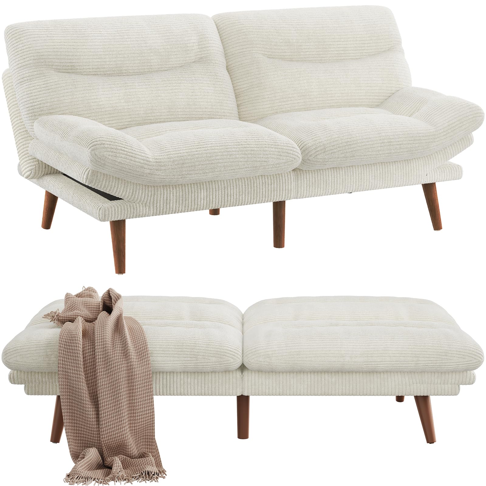 Pipishell Convertible Futon Sofa Bed,66" Corduroy Futon Couch with Adjustable Backrest and Armrests, Recliner Sleeper Sofa for Small Spaces, Play Room or Office, Grey