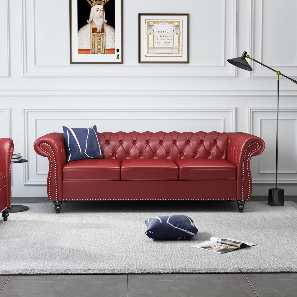 Chesterfield Sofa Velvet, Modern Tufted Couch 3 Seater with Rolled Arms and Nailhead for Living Room, Bedroom, Office, Apartment (Mango)