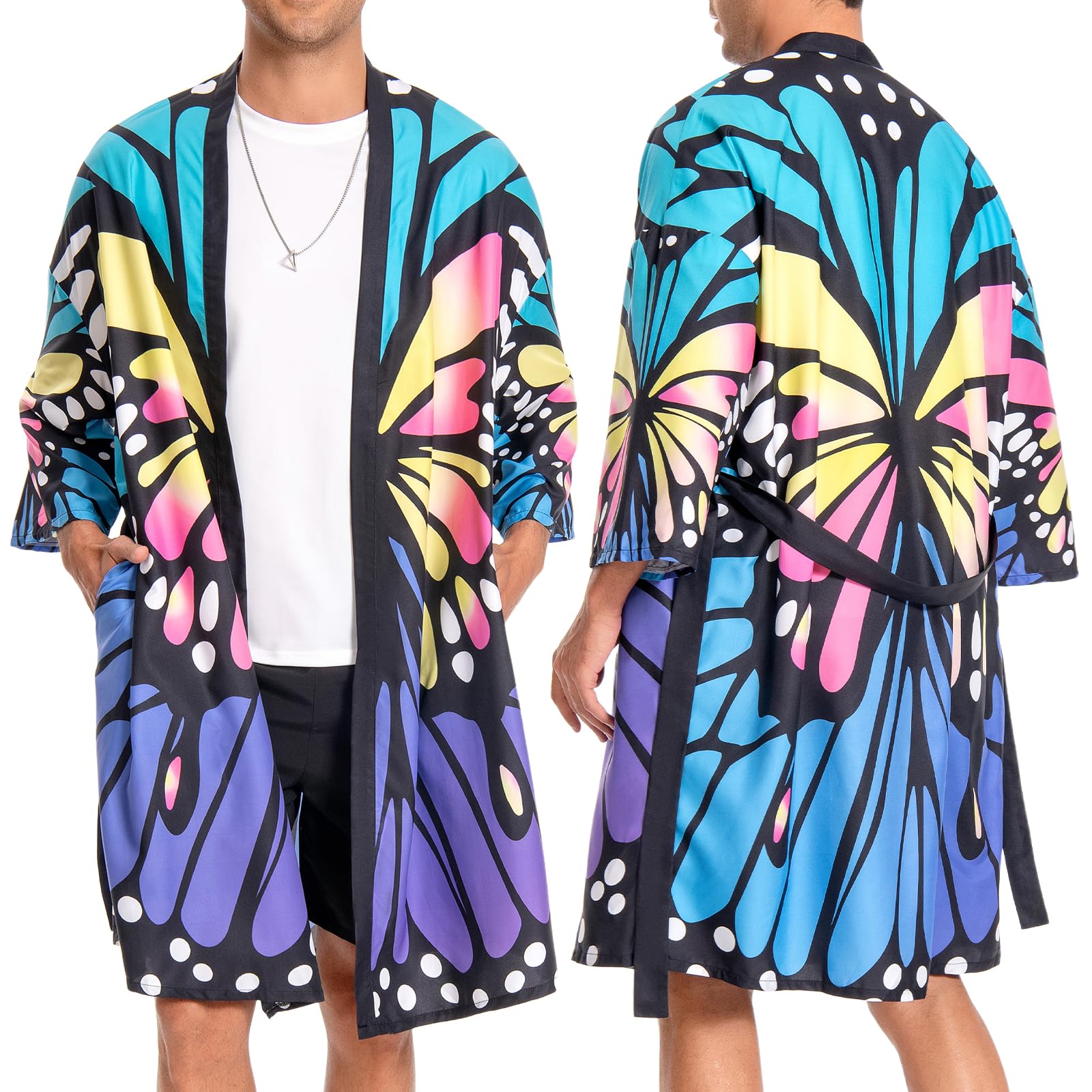 OLAOLA Men Lightweight Kimono Robe with Belt Japanese Style Robe Jacket Casual Open Front Long Cardigan Cape Coat Outwear