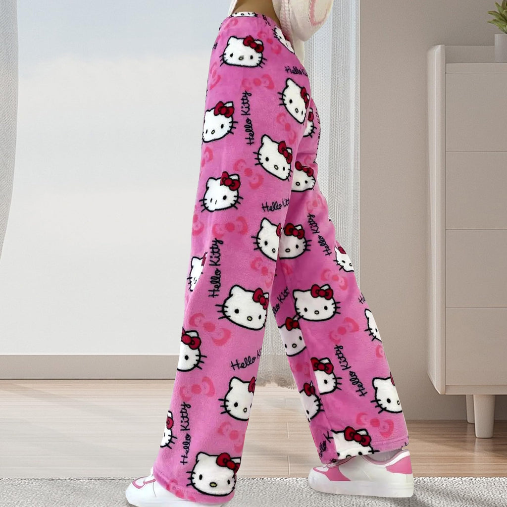 Cute Cartoon Pajama Pants for Women, Kawaii Anime Cat Pjs Christmas Pajama Pants Fluffy Flannel Sleep Bottoms