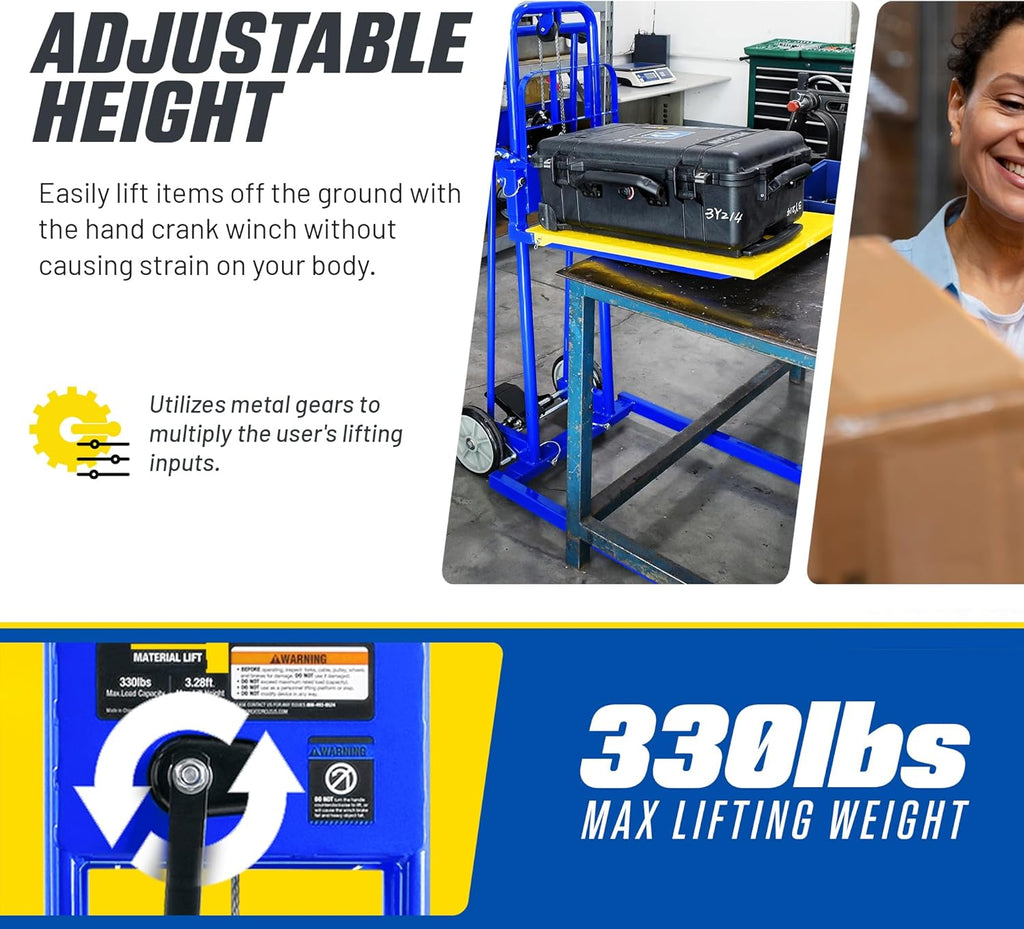 Goodyear Material Lift Winch Stacker, Pallet Truck Dolly, 330 Lbs 40" Max Lift w/ 8" Wheels, Swivel Casters [Patent Pending]