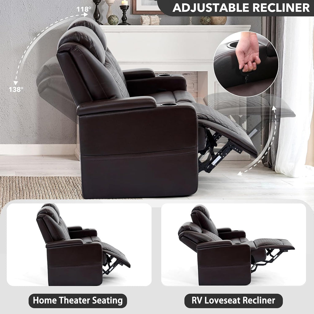 61" RV Loveseat Recliner Sofa, Home Theater Seating with 3 Arms and 2 Pillows, Wall Hugger Recliners & 138° Reclining Couch (Brown PU Leather Furniture)