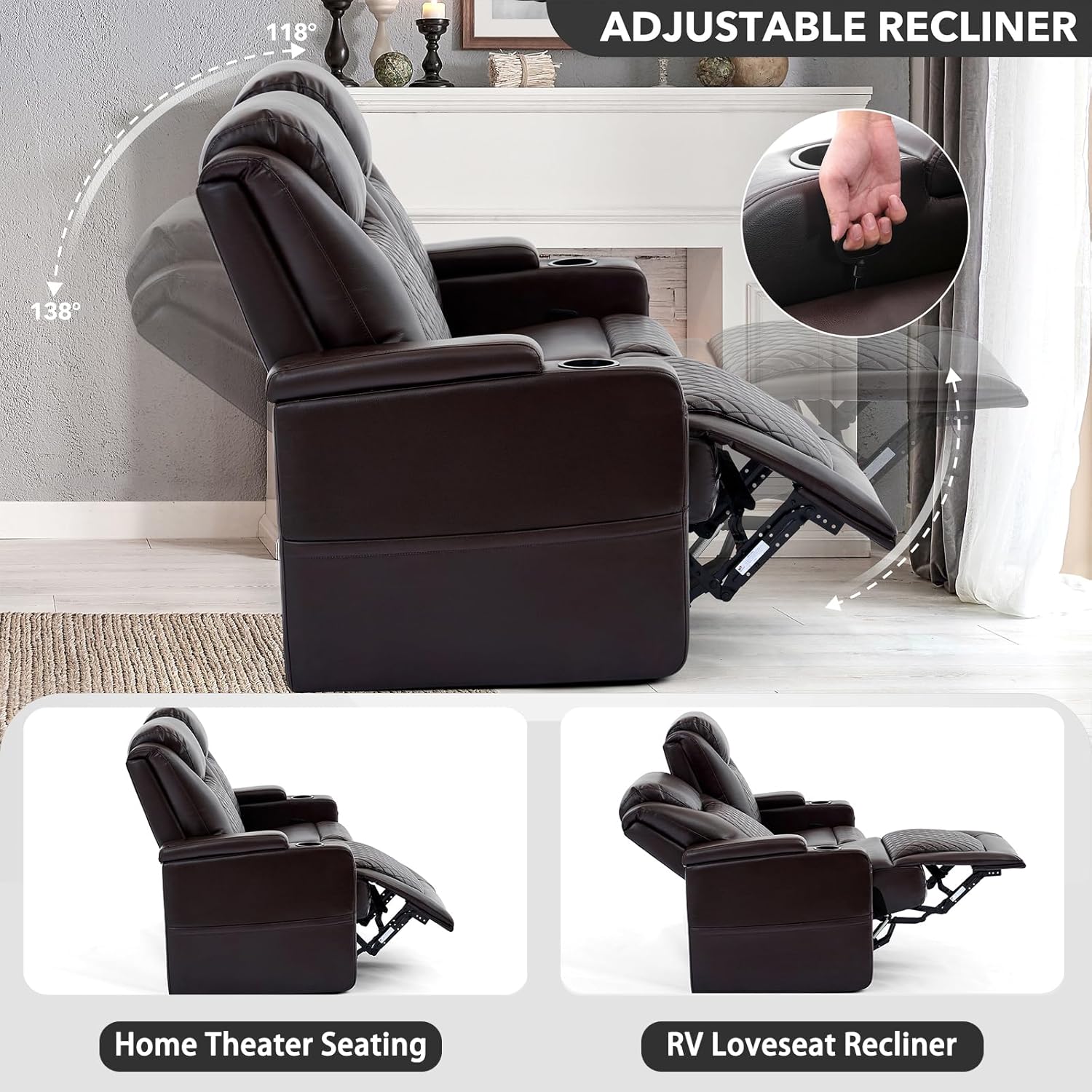 61" RV Loveseat Recliner Sofa, Home Theater Seating with 3 Arms and 2 Pillows, Wall Hugger Recliners & 138° Reclining Couch (Brown PU Leather Furniture)