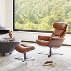 CHITA Genuine Leather Reclining Swivel Chair with Adjustable Headrest and Ottoman for Living Room, Saddle