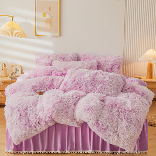 Fluffy Pink Faux Fur Comforter Cover Set，Fluffy Fuzzy Plush Pink Bedding 3Pcs (1 Faux Fur Duvet Cover +2 Fuzzy Pillowcases) Pink Fluffy Bed Set (Pink, Queen)