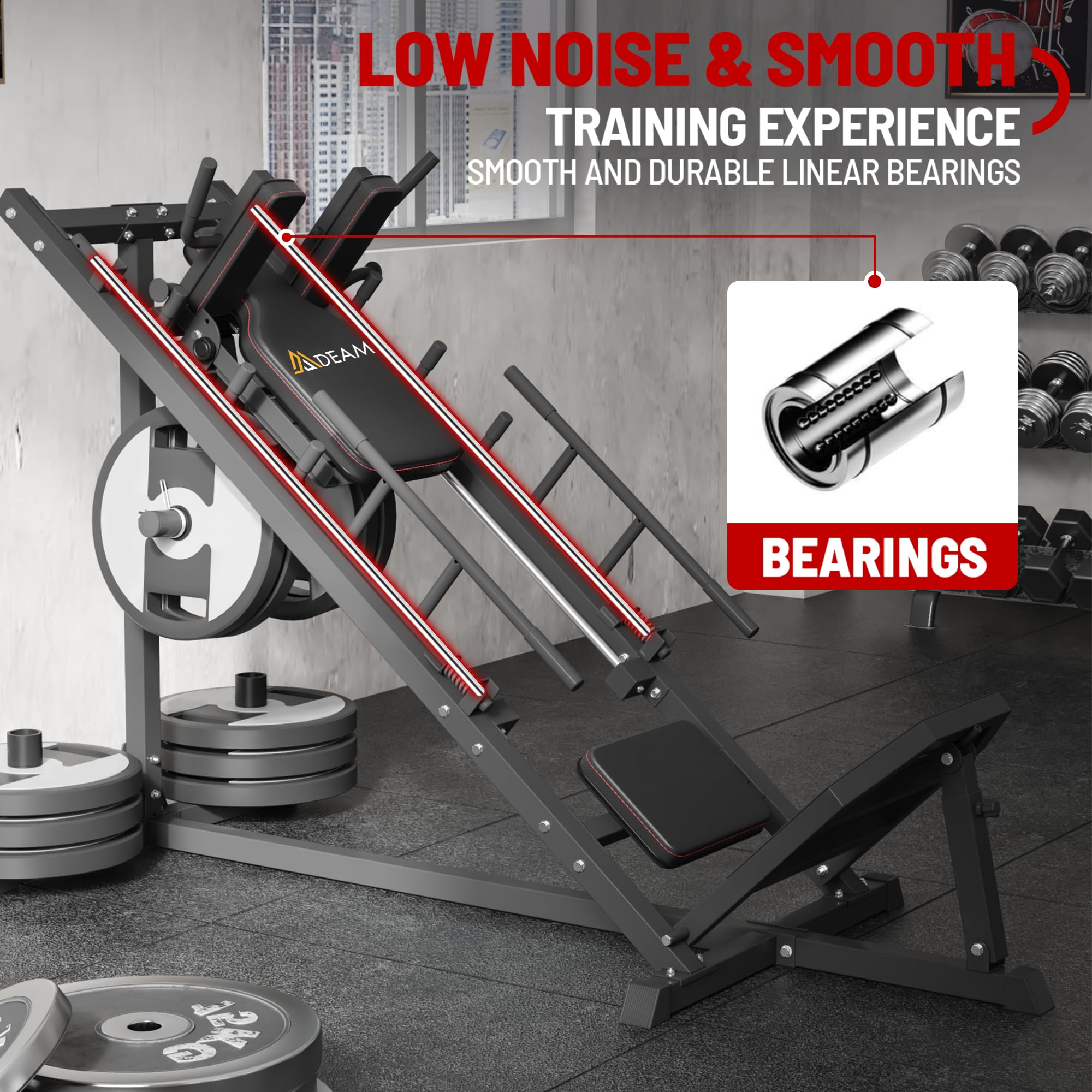 Machine de presse à jambes Mdeam, machine de squat hack avec roulement linéaire, machine de squat hack à 45 degrés pour entraînement de force du bas du corps à domicile ou en salle de sport pour quadriceps, ischio-jambiers, fessiers, mollets