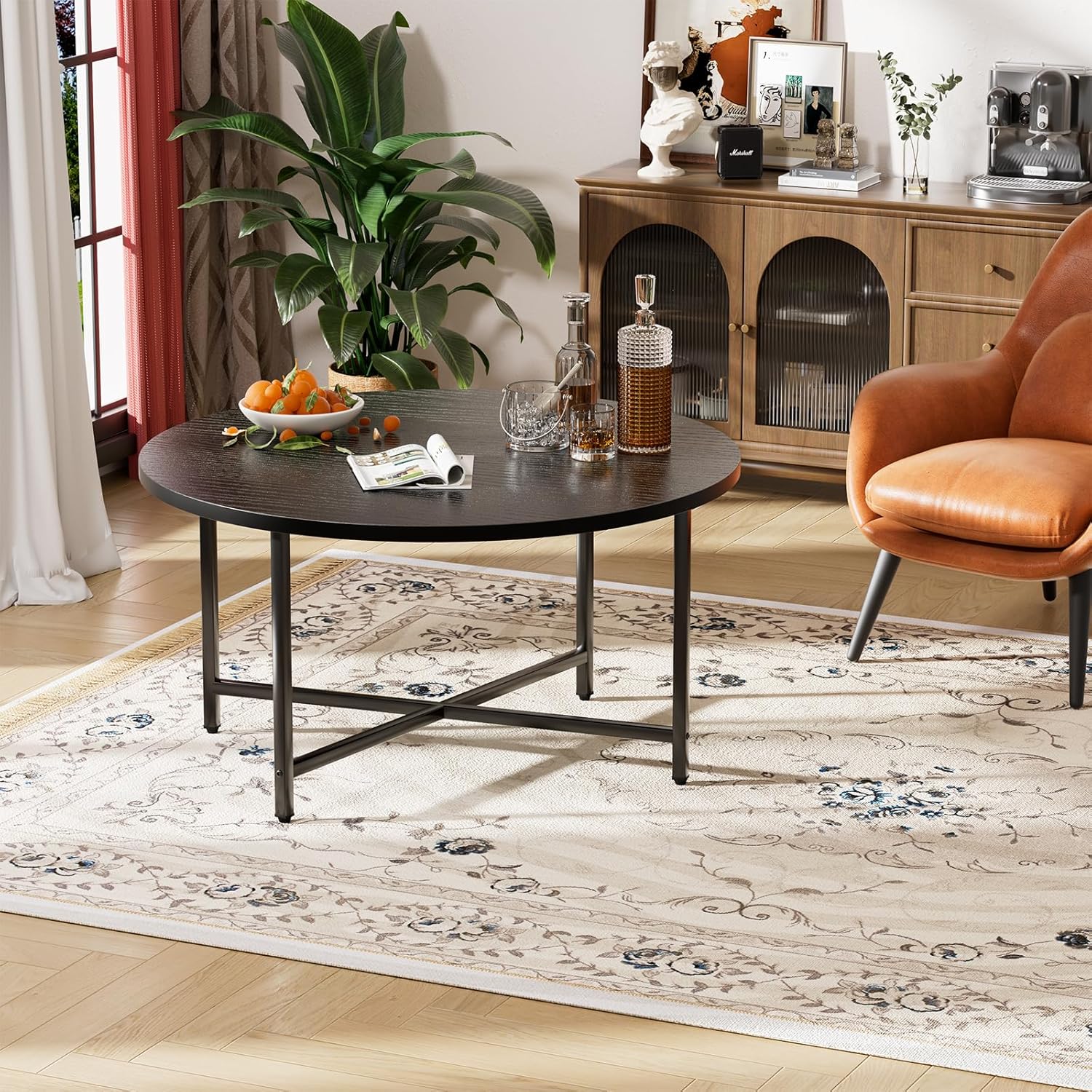 Round Coffee Table, Modern Design Living Room Tables for Indoor & Outdoor, Black Coffee Table for Family & Office Use, Outdoor Coffee Table Round, Large Black (31.5" D x 17.7" H)