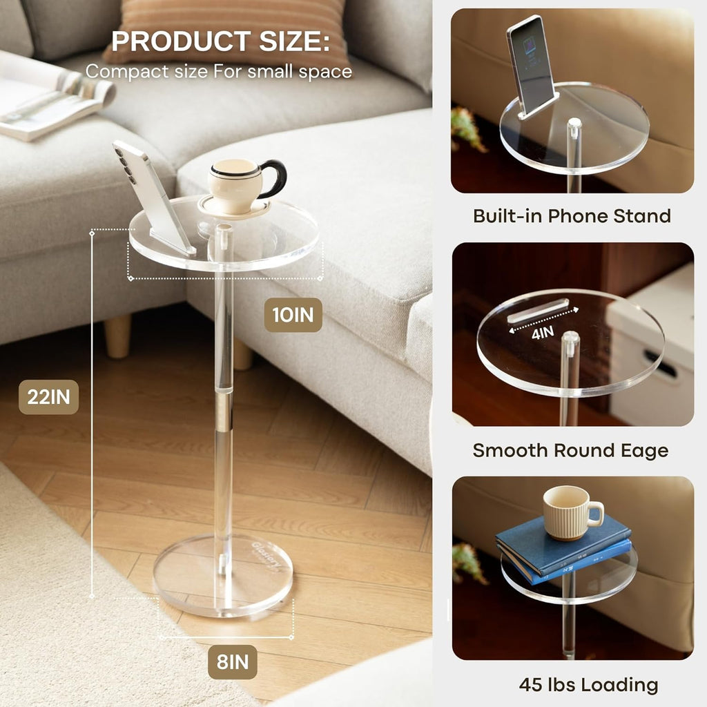 Acrylic Drink Table, Small Round Side Table for Small Space, Pedestal End Tables with Phone Holder, Multi-Use Modern Accent Tables, Martini/Cocktail Table for Living Room 10"X21" Easy Assembly