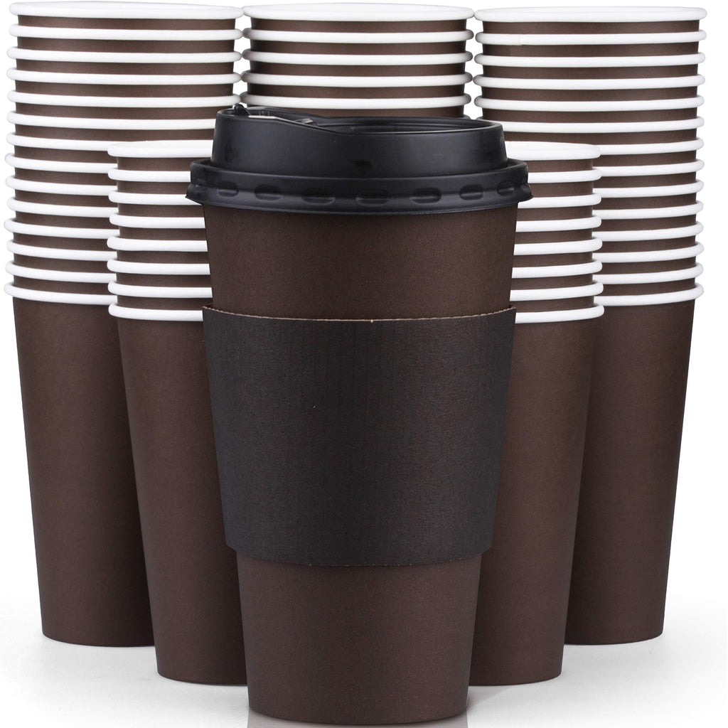 Promora 12 oz Brown Disposable Coffee Cups with Lids & Sleeves, Hot Coffee Cup Sleeves Disposable, Premium Insulated To Go Coffee Paper Cups with Lids & Sleeves (12 oz, Pack of 80) Brown and Black