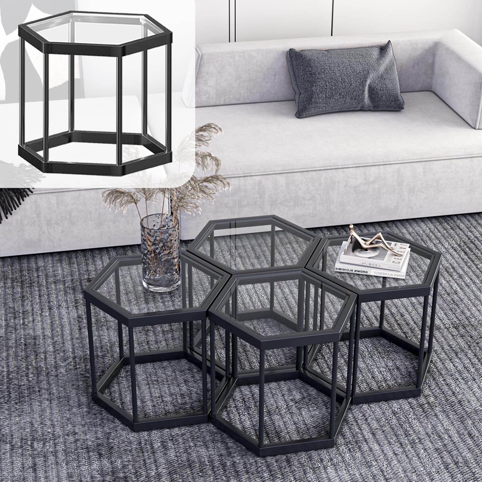 Gold Glass Coffee Table Modern Glass Center Table, Hexagon Free Combination Coffee Table Small End Tables for Living Room Set of 3