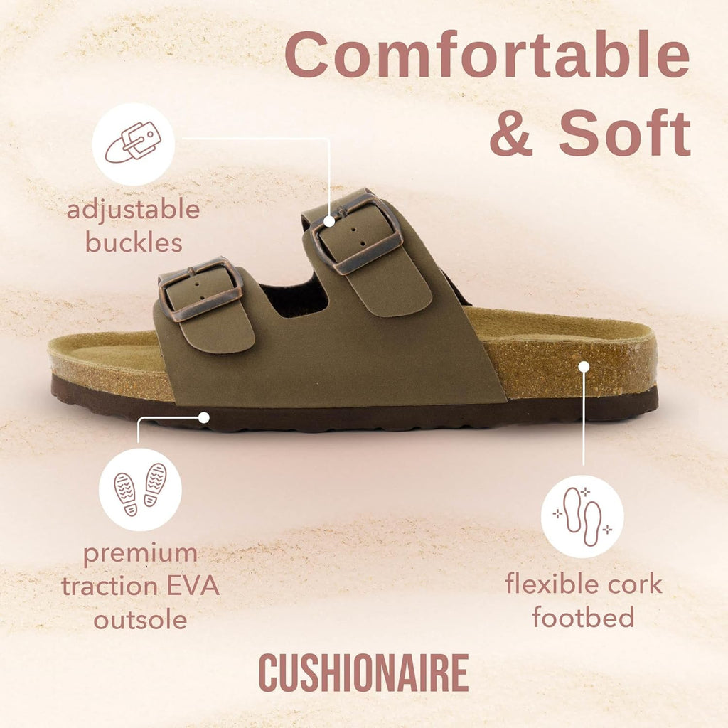 CUSHIONAIRE Lane Cork Footbed Sandals for Women – Comfortable Double Buckle Slip-On with Genuine Suede Footbed & Arch Support Slides for Women Footwear