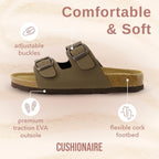 CUSHIONAIRE Lane Cork Footbed Sandals for Women – Comfortable Double Buckle Slip-On with Genuine Suede Footbed & Arch Support Slides for Women Footwear