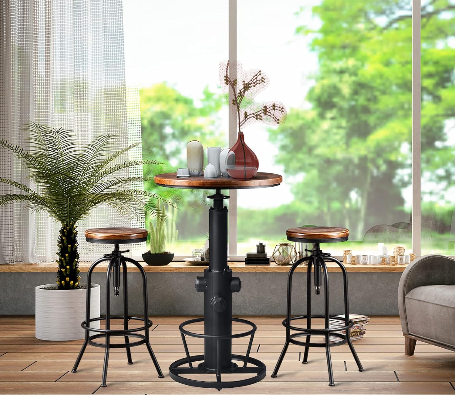 LOKKHAN Industrial Bar Table 38.6"-48.4" Height Adjustable Swivel Round Wood Tabletop 23.7" Dia, Kitchen Dining Office Coffee Bistro Pub Table