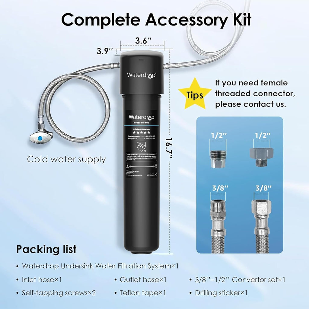 Waterdrop 15UA Under Sink Water Filter System, Reduces Lead, Chlorine, Bad Taste & Odor, Under Counter Water Filter Direct Connect to Kitchen Faucet, NSF/ANSI 42 Certified, 2 Year, USA Tech