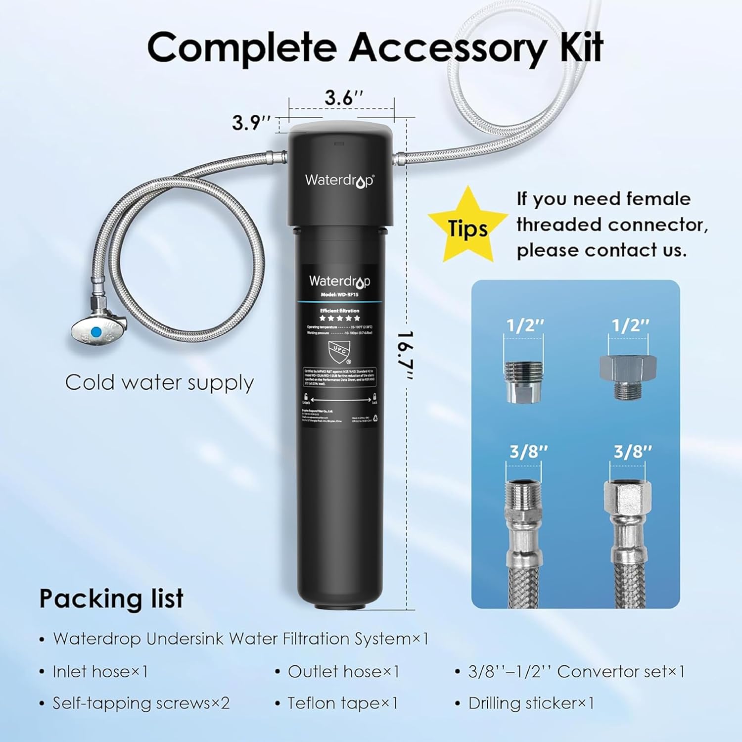 Waterdrop 15UA Under Sink Water Filter System, Reduces Lead, Chlorine, Bad Taste & Odor, Under Counter Water Filter Direct Connect to Kitchen Faucet, NSF/ANSI 42 Certified, 2 Year, USA Tech