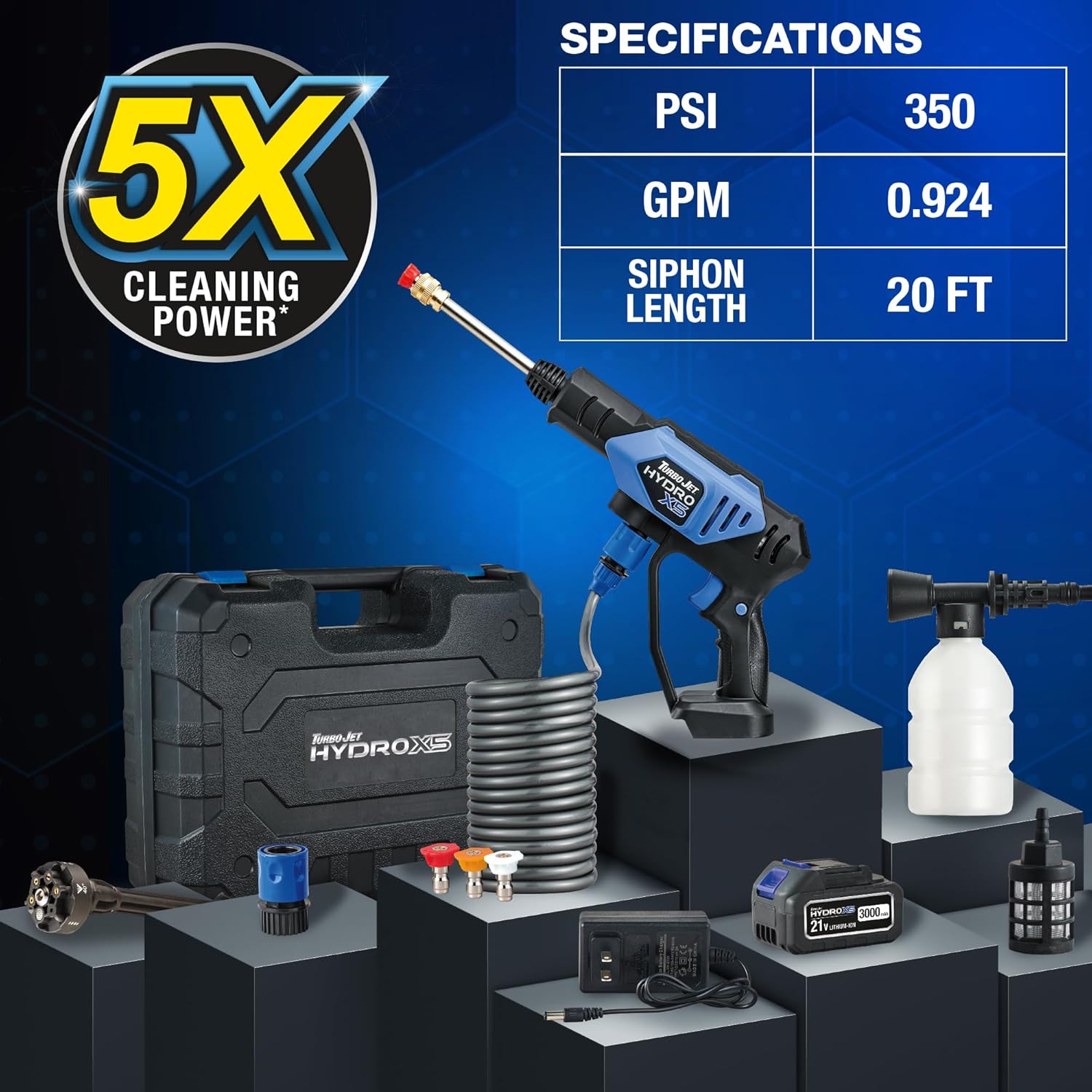 Ontel Turbo Jet HydroX5 Pro Portable Cordless Pressure Washer (21V 3000mAh Battery), 6-in-1 Nozzle, Dual Water Source, 16ft Detachable Hose