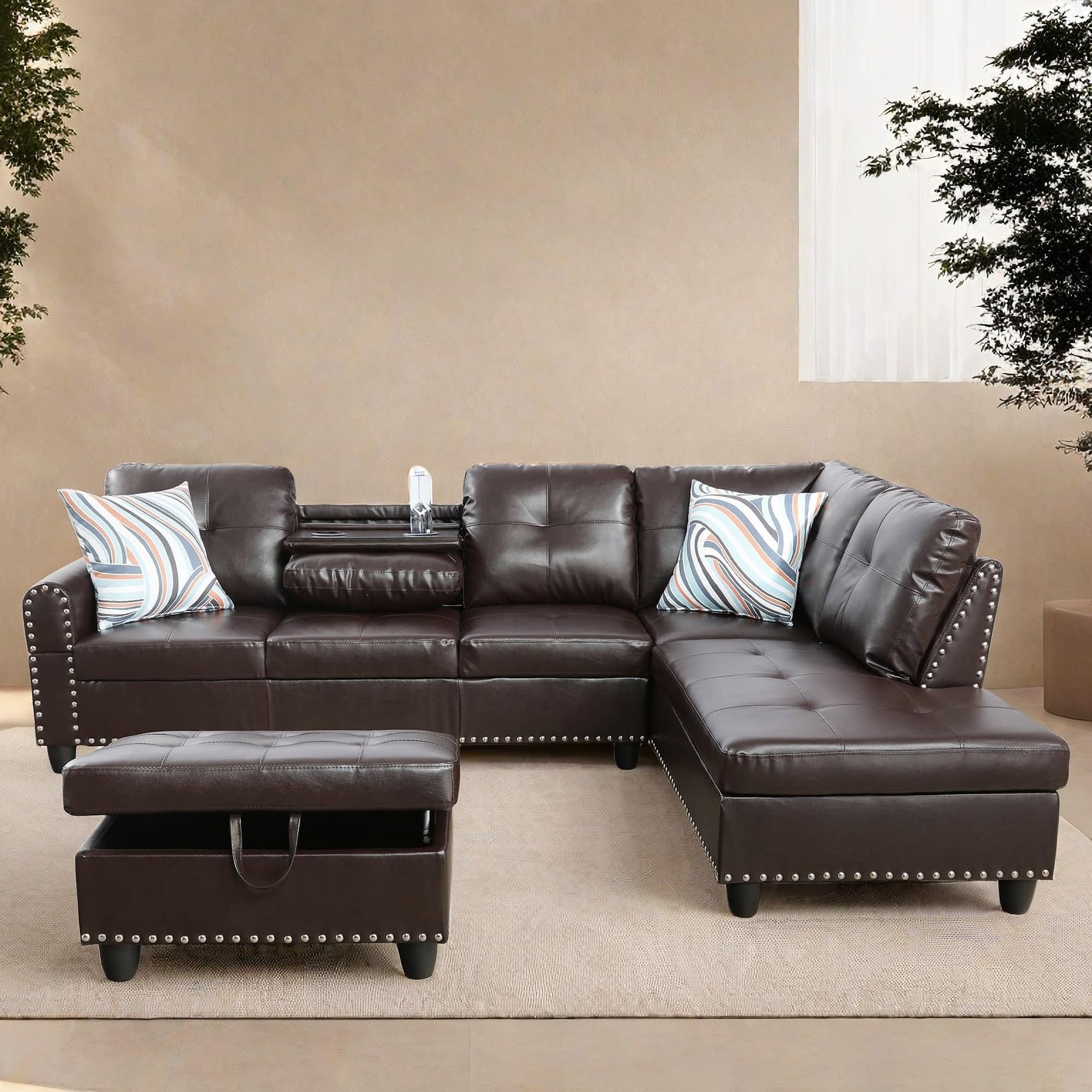 L Shaped Sectional Couches, Modular Sectional Sofa with Ottoman Storage, Nail-Head Design Lounge Sofa with Reversible Cup Holder for Living Room, Bedroom, Gray