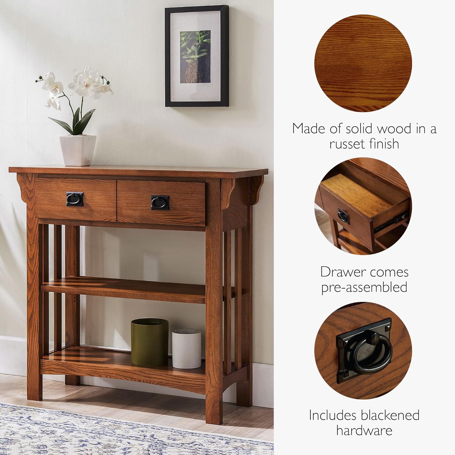 Leick Home Mission Impeccable Bookshelf, Solid Wood, 2 Drawers, 2 Shelves, Slatted Sides, Blackened Hardware, Easy Assembly, Russet Brown, 12 in D x 34 in W x 30 in H, Item 8261