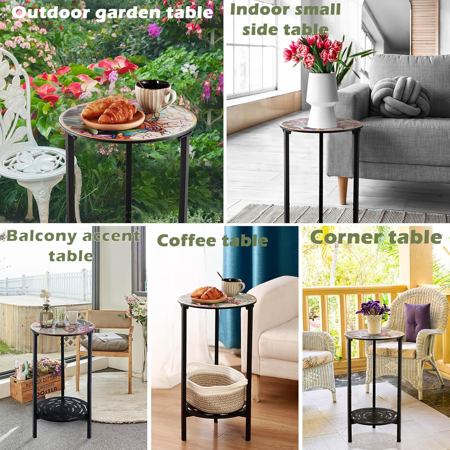 2-Tier Metal Round Side Table Black Accent Coffee Tables Small Space Corner Plant Stand Shelf for Indoor Outdoor Use Patio Balcony End Table Butterfly Print Weather-Resistant