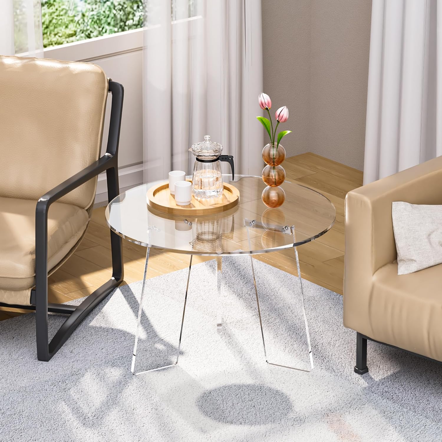 Acrylic Coffee Table Round, Clear Circle Modern Lucite Side Table Legs for Living Room, Bedroom, Office (Clear, 23.6“ × 15.7”)