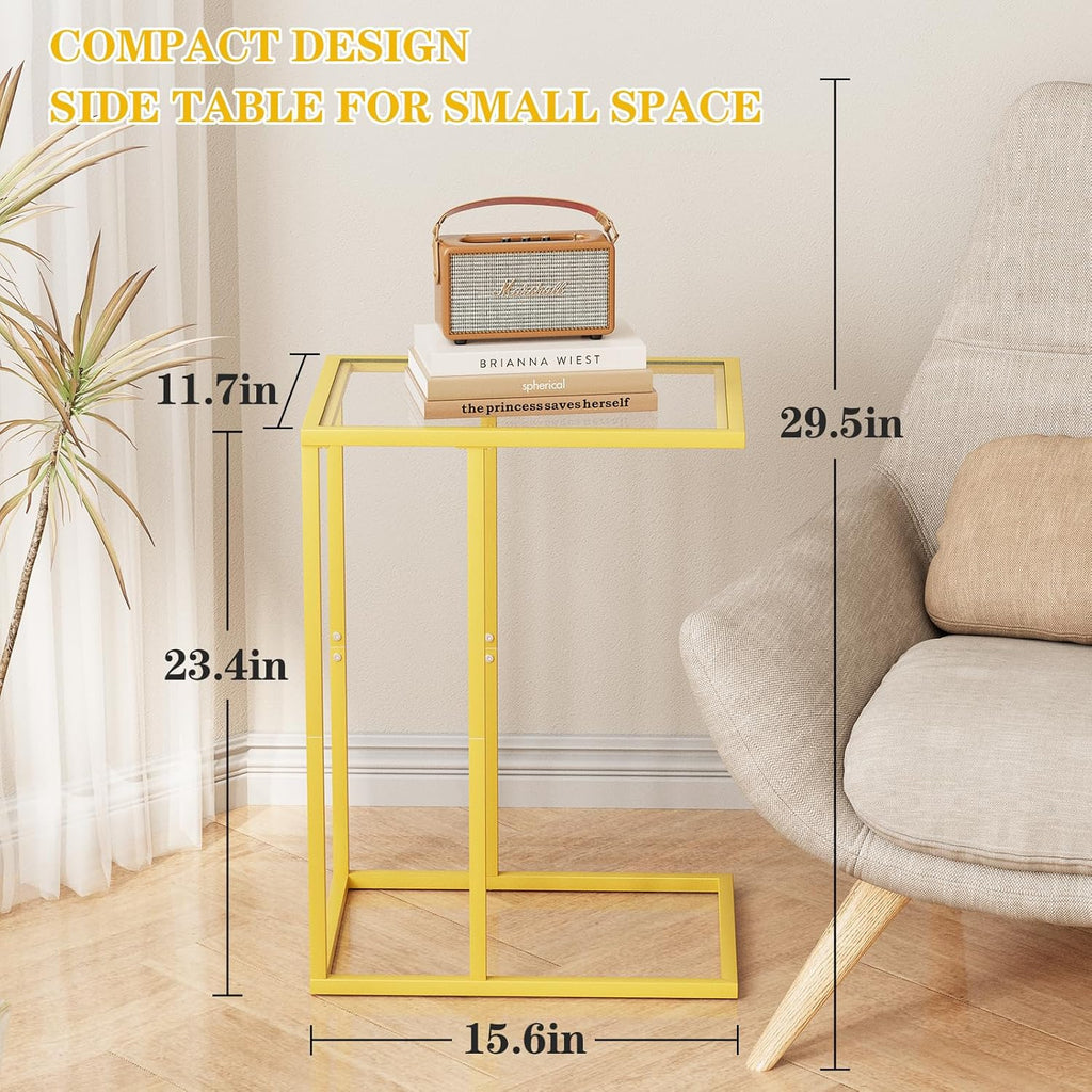C Table Side End Table, Small C Shaped Table for Sofa,Glass Couch Sofa Tray Snack Table for Living Room, Bedroom,TV Tray Table for Small Space,Accent Coffee Table,Nightstand with Metal Frame(Yellow)