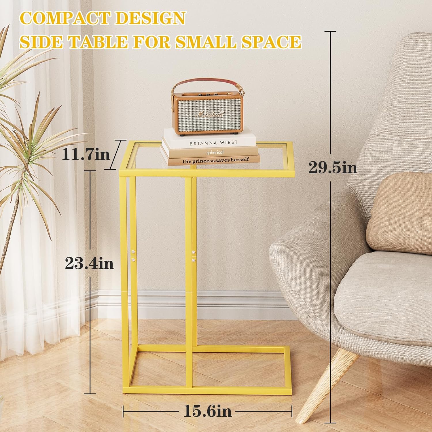 C Table Side End Table, Small C Shaped Table for Sofa,Glass Couch Sofa Tray Snack Table for Living Room, Bedroom,TV Tray Table for Small Space,Accent Coffee Table,Nightstand with Metal Frame(Yellow)