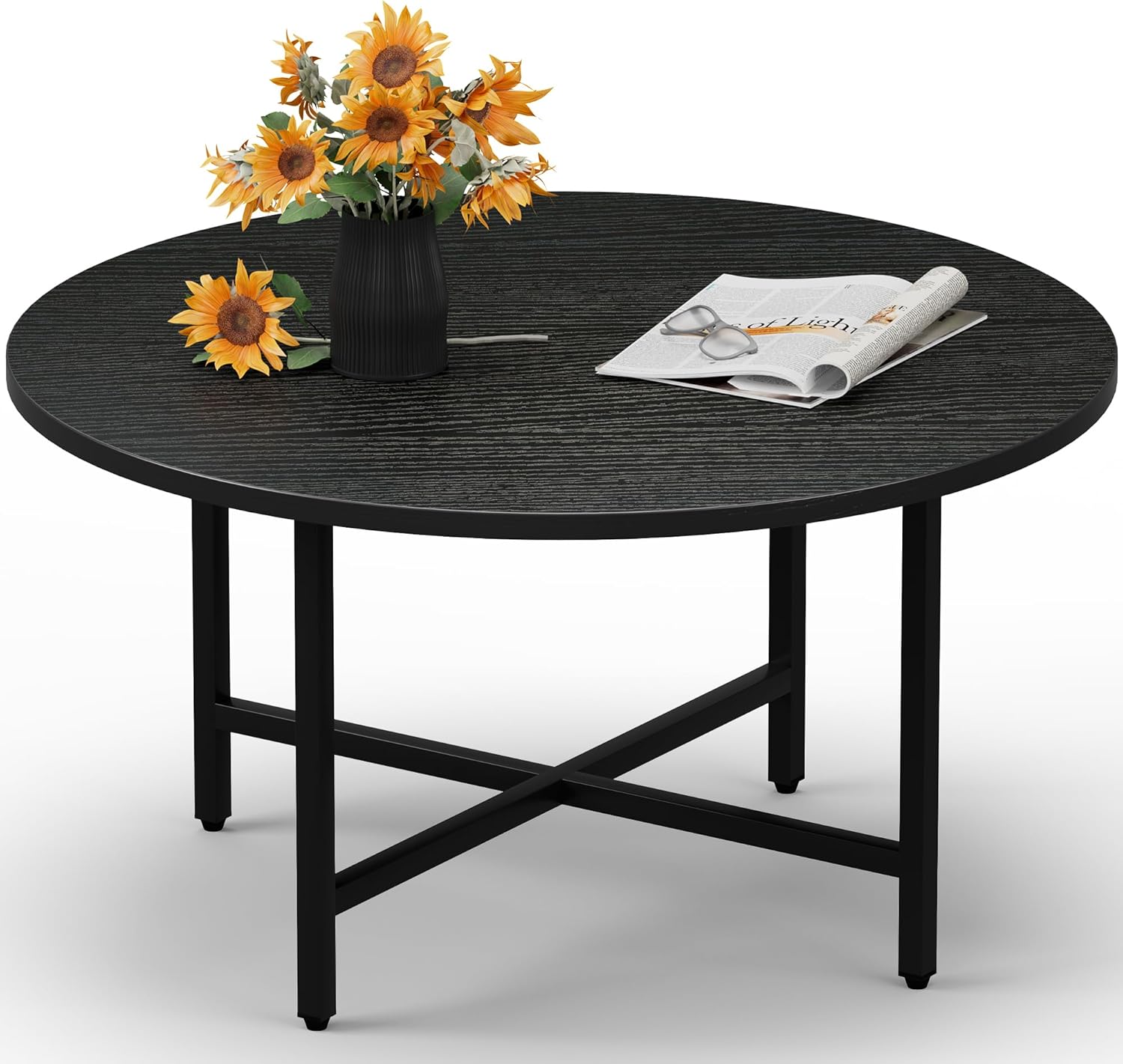 Coffee Table, 23.6" Small Coffee Tables, Black Round Coffee Tables for Living Room, Floor Table for Sitting on The Floor, Center Coffee Table with Metal Frame for Office Apartment Home