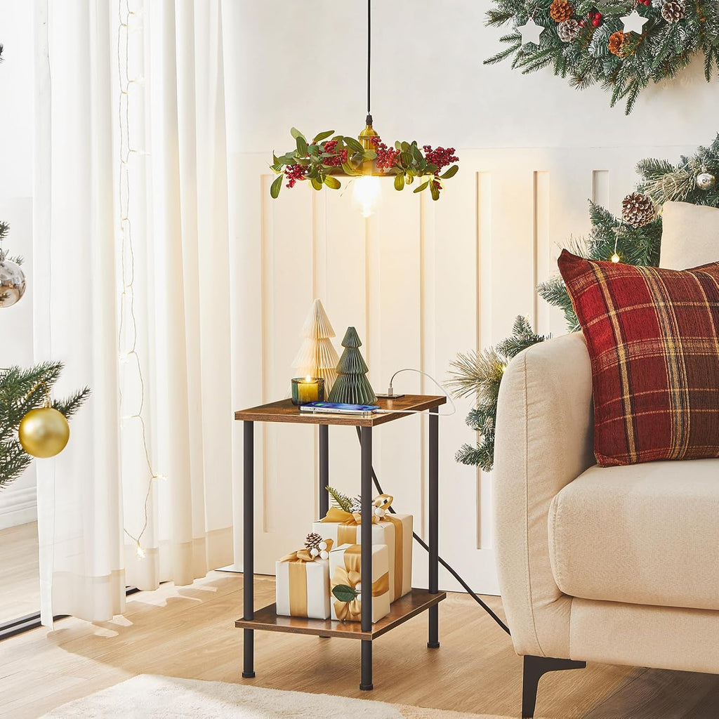 HOOBRO Side Table with Charging Station, End Table with USB Ports and Outlet, Nightstand with 2-Layer Storage Shelves for Small Spaces, Living Room, Bedroom, Stable Frame, Rustic Brown BF09UBZ01