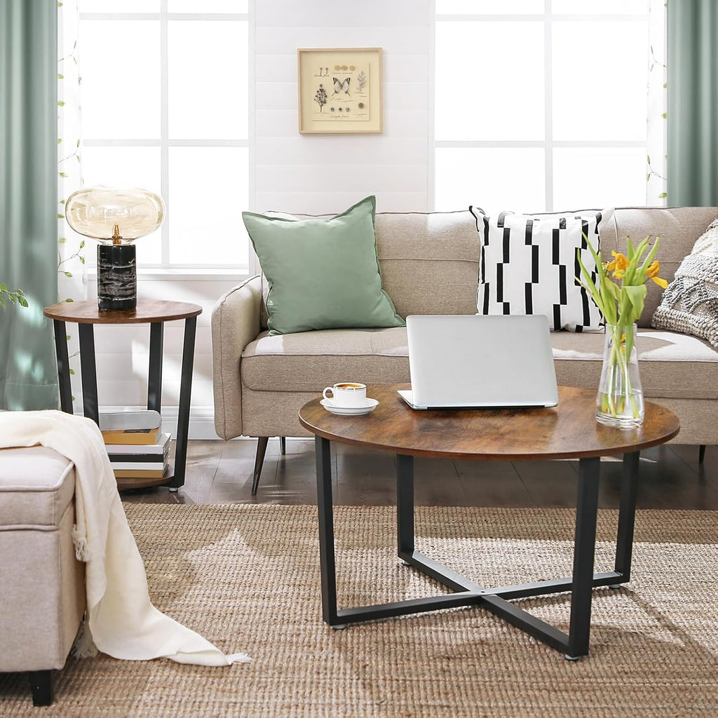 VASAGLE End Table, Round Side Table with Storage Shelf, Easy Assembly, Industrial Accent Furniture with Steel Frame, Rustic Brown and Black