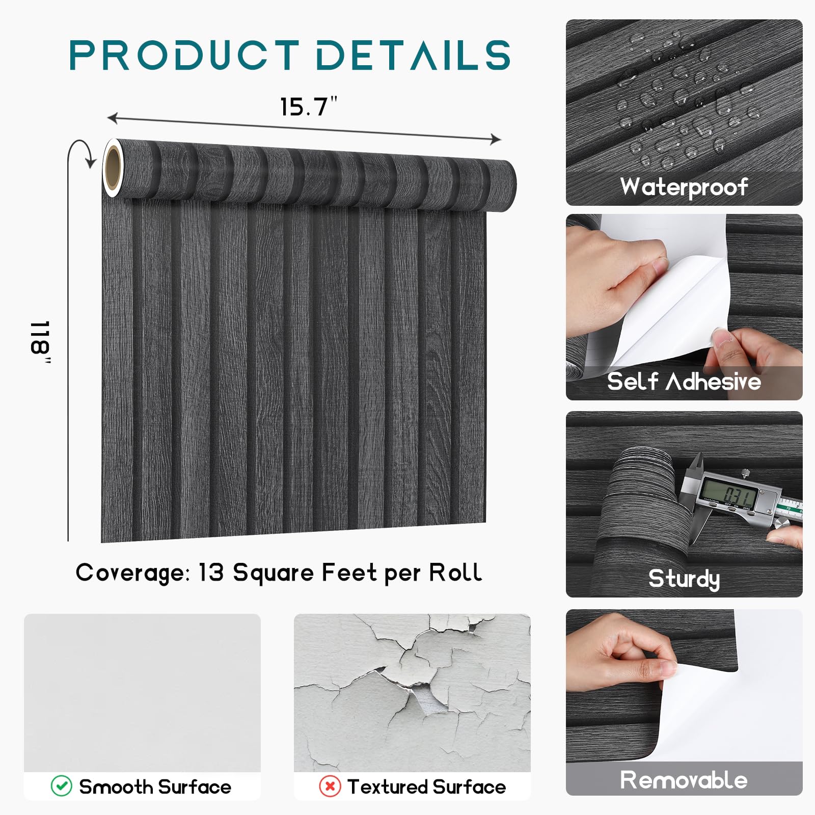 VEELIKE 木炭ブラック木製スラット壁紙 ピールアンドスティック 防水 ダークウッド 壁用コンタクトペーパー 15.7''x118'' 接着剤付き取り外し可能 フェイクウッドスラット壁パネル壁紙 寝室アクセントウォール用