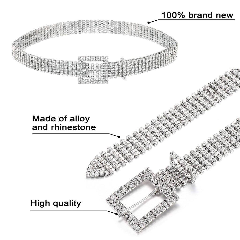 Ayliss Women Rhinestone Belt Bling Crystal Shiny Waist Dress Belt Silver Fashion Glitter Chain Belt for Wedding Party (Silver#1)