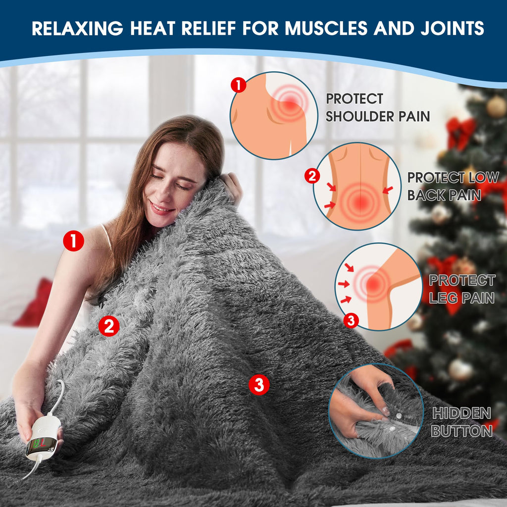 Elektrische Heizdecke mit Kunstpelz, Größe mit flauschigem Sherpa-Rücken, wärmende Plüschdecke Geschenk, weiche Heizdecken mit 10 Wärmeeinstellungen, 5 Zeiteinstellungen, ETL 50"x60", Anthrazitgrau