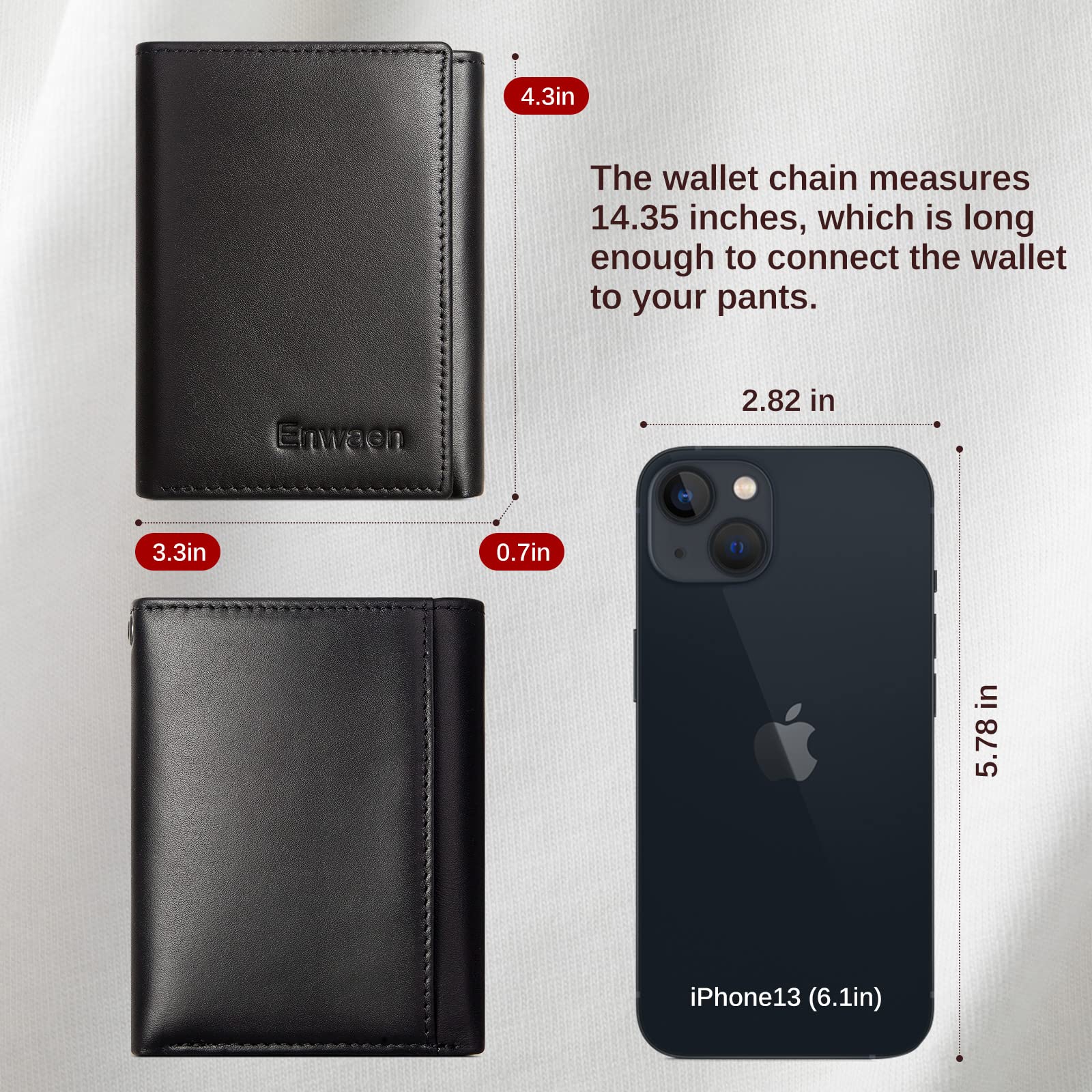 Portefeuille pour homme Enwaen avec chaîne, portefeuille trifold en cuir véritable, blocage RFID, chaîne anti-vol pour motard, moto (noir)