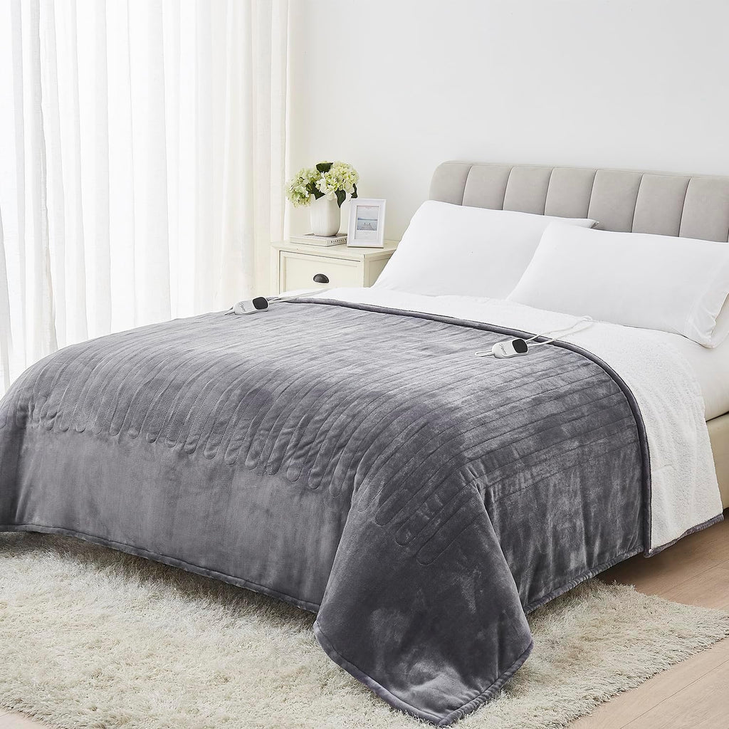 Homemate Heated Electric Blanket Queen Size - 84"x90" Heating Bed Blanket Throw with 10 Heating Levels 8 Hours Auto Off Fast Heating Over-Heat Protection Ultra Soft Flannel ETL Certified, Grey