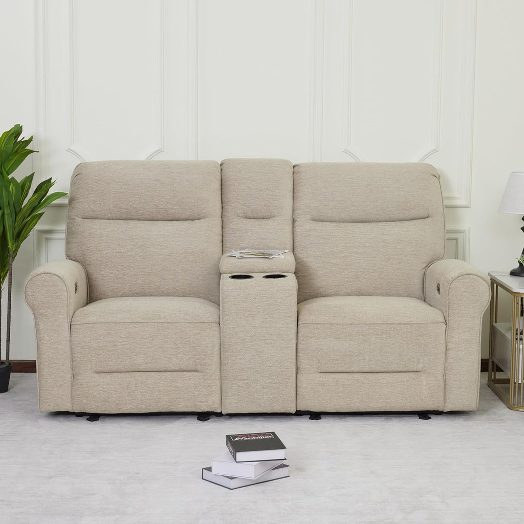 MCombo 78.3" Wall Hugger Power Loveseat Recliner Sofa with Console, Reclining Loveseat with USB Ports, Cup Holders, for Small Spaces Living Room RV, Fabric PR635M2 (Beige)