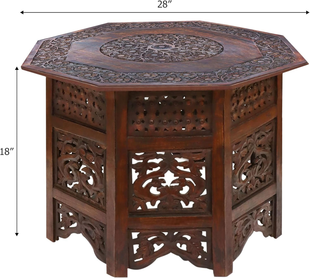 COTTON CRAFT Solid Wood Coffee Table - Hand Carved Vintage Boho Folding Side Table - Small Spaces Entryway Family Room Accent Table Living Room End Table - No Tools Assembly - Octagon 28 in x 18 in H