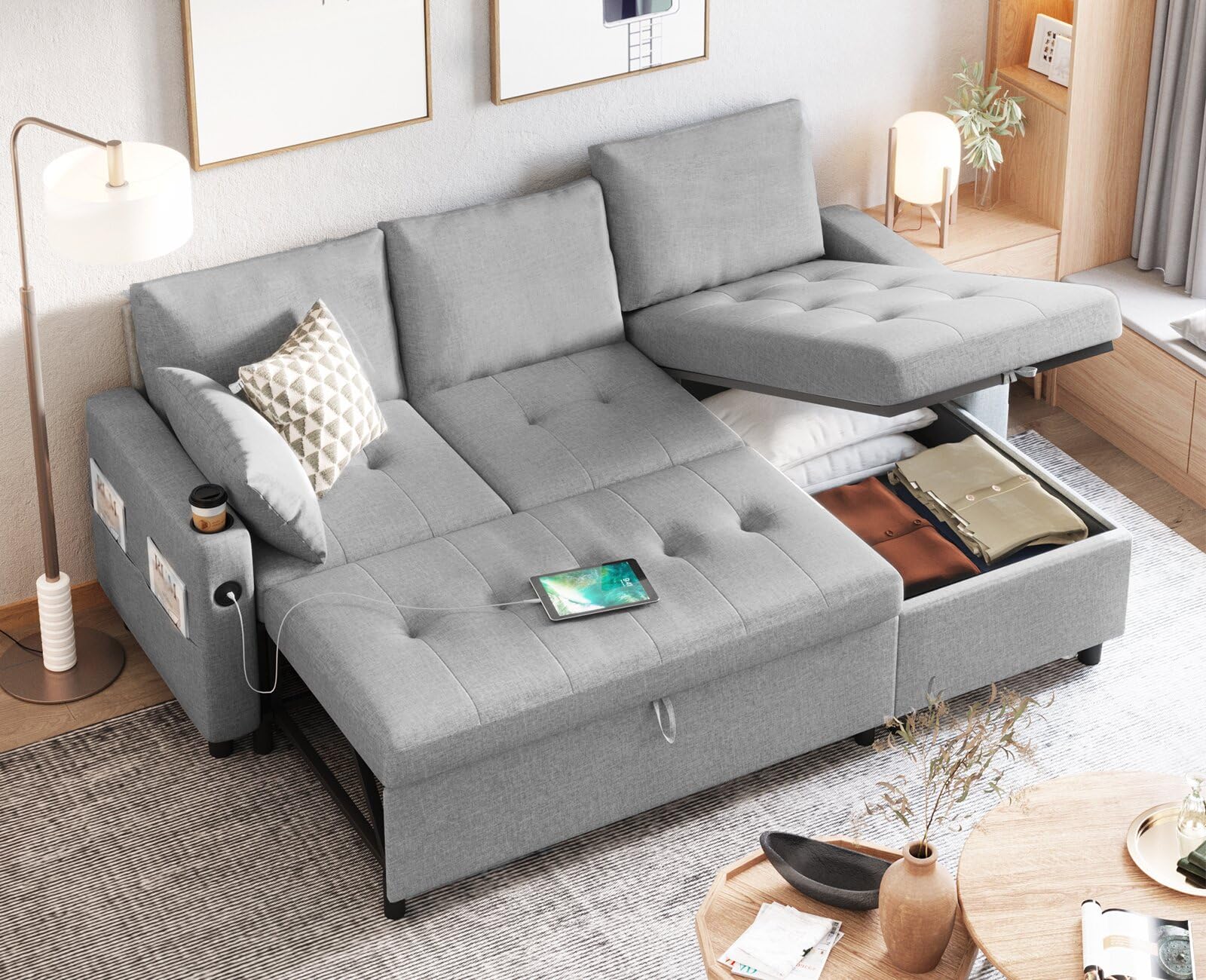 Leather Sleeper Sofa Couch with Pullout Bed, 83.5'' Sofa Bed Pull Out Couch with Reversible Storage Chaise, Sectional Couches with USB Charging Ports&Cup Holders for Living Room, Brown