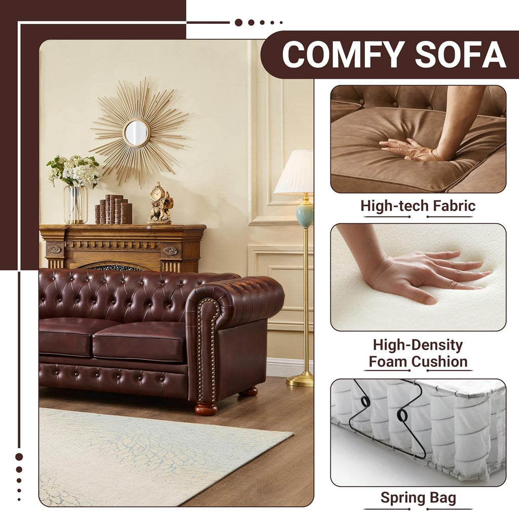 Chesterfield Leather Sofa, 89" Mid Century Modern Couch with Low Back, Roll Arm Nailhead Trim Classic 3 Seater Couch for Living Room, Office, Apartment, PU Burgundy