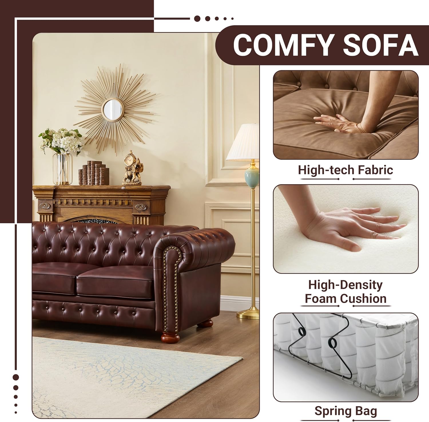 Chesterfield Leather Sofa, 89" Mid Century Modern Couch with Low Back, Roll Arm Nailhead Trim Classic 3 Seater Couch for Living Room, Office, Apartment, PU Burgundy