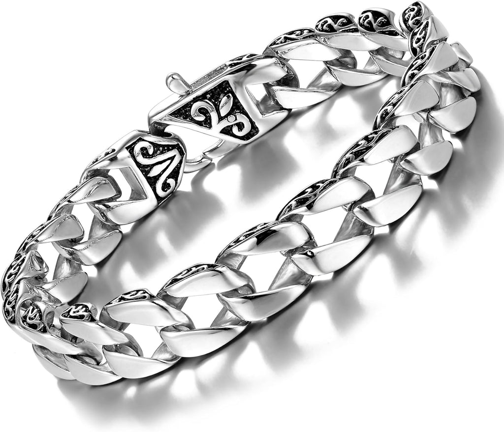 Urban Jewelry Beautiful Fleur De Lis Mens Link Bracelet 8.5 Inch, Link Chain Bracelet for Men (316L Stainless Steel Silver or 24K Gold Plated)