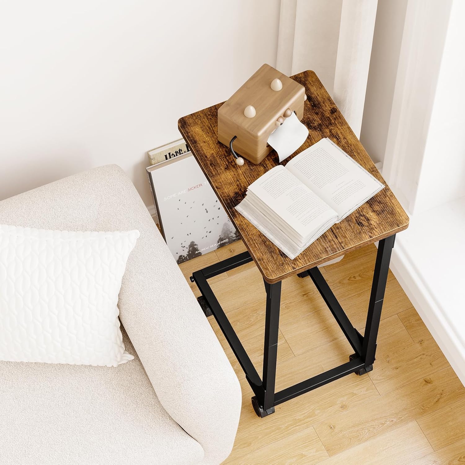 Fixwal TV Tray, C Table, C Shaped Side Table with Wheels for Couch, Coffee Tables for Living Room Sofa End Table, Bedside Table for Bedroom, Rustic Brown