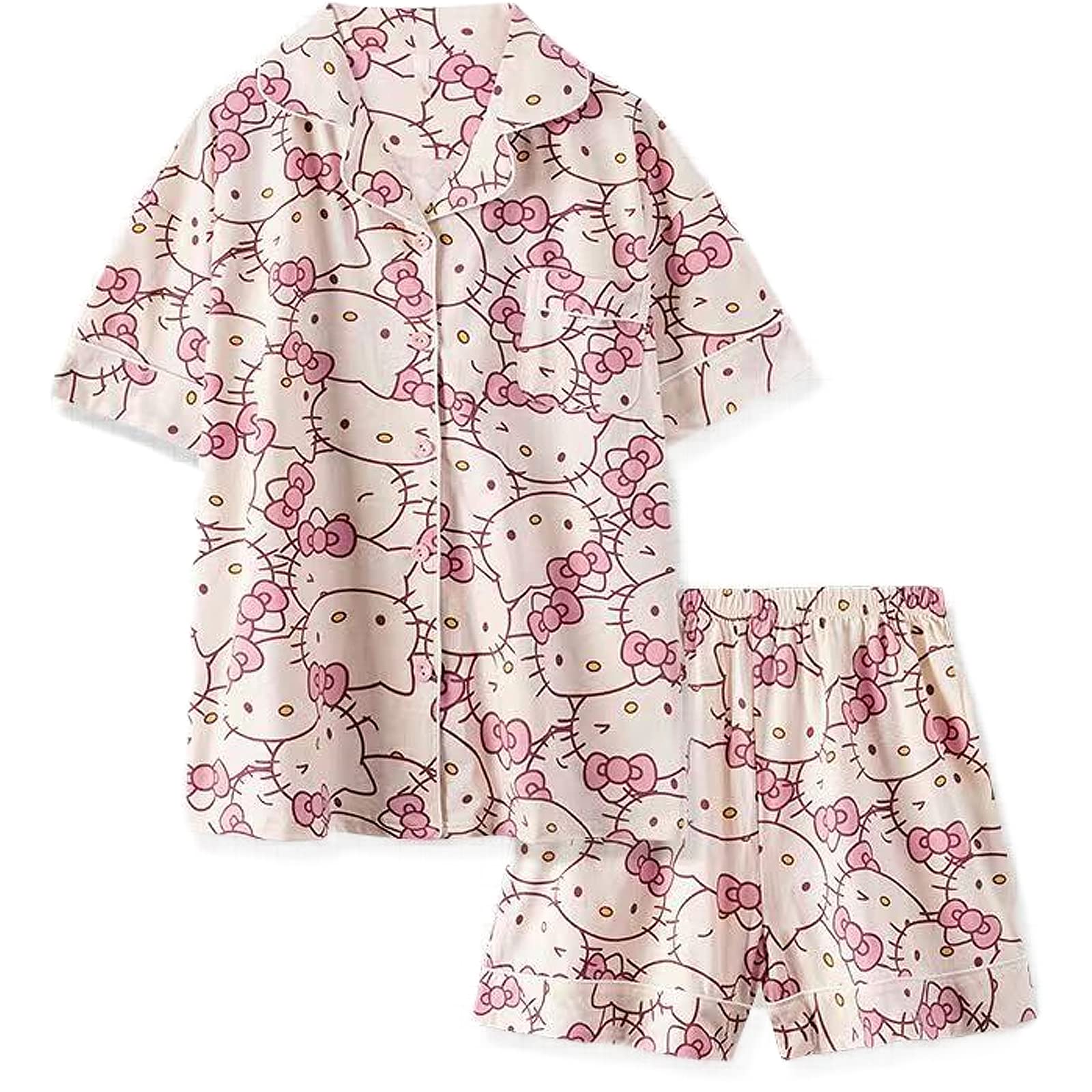 Ocroyea Kawaii Pajamas For Women Short Sleeve Cardigan Pjs Two-Piece Set Cute Cartoon Girls Pajama Leisure Short Sleeve Sleepwear Home Clothes