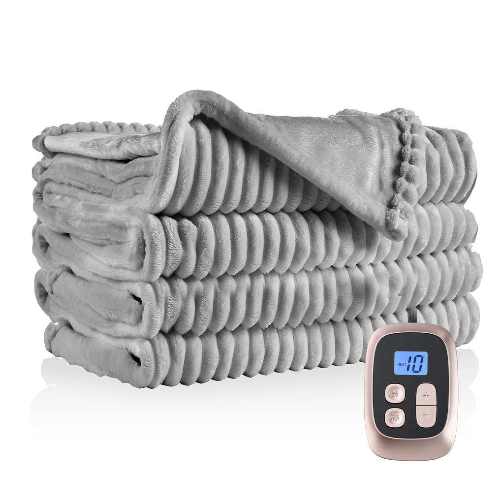 Couverture chauffante électrique DUODUO 72"x84" en polaire corail chaude avec 4 réglages de chaleur et arrêt automatique de 10 heures Protection contre la surchauffe - Gris 