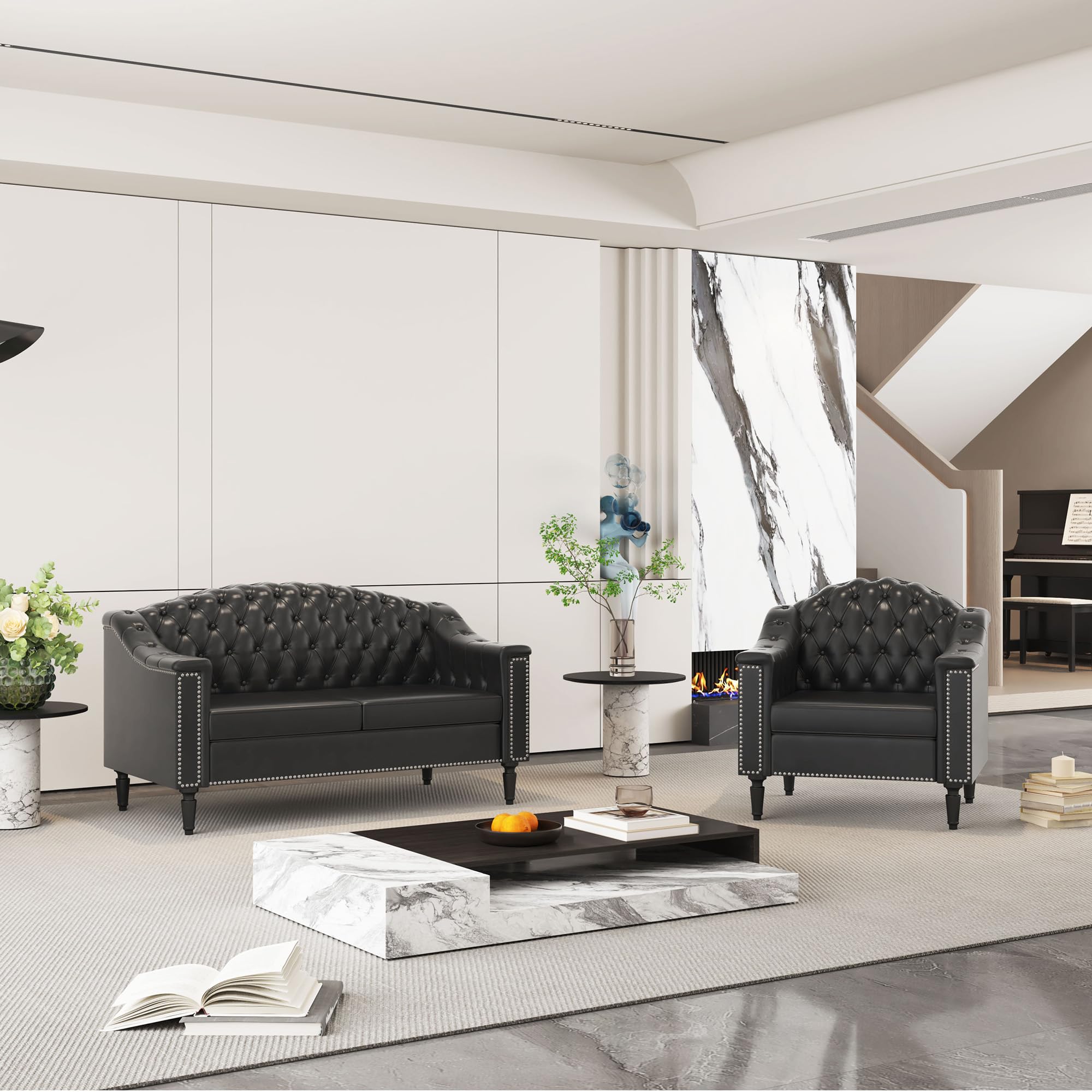 AVZEAR 82" Three Seater Leather Sofa, Chesterfield Sofa, Mid-Century Modern PU Upholstered Sofa Couch, Deep Button Tufted Living Room Sofa with Two Throw Pillows, Black