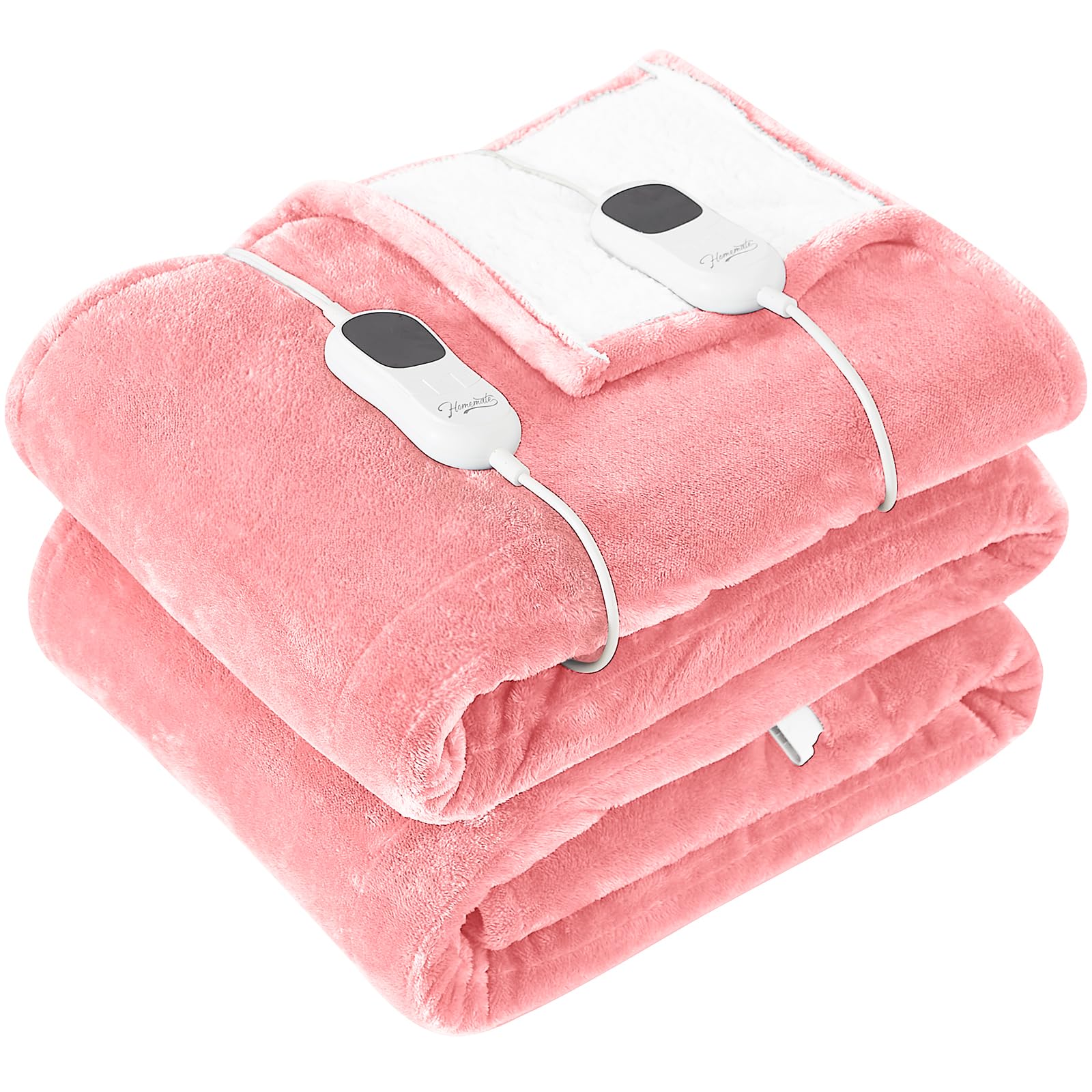 Homemate Electric Heated Blanket Queen - 84"x90" Heating Blanket Queen Size Dual Control 1/2/4/6/8 Hours Auto-Off 10 Heat Level Heat Blanket Over-Heat Protection Flannel Sherpa ETL Certification